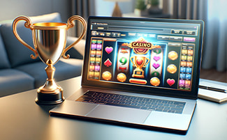 A laptop displaying a slot game and a golden trophy